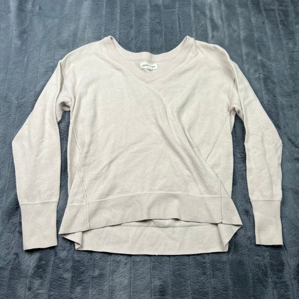 Lucky Brand Womens Cream V-Neck Faux Wrap Knit Sweater Oatmeal S 14493